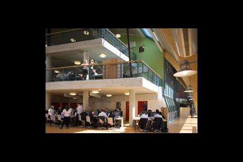 Heat from 100-plus computers on the learning plazas is vented at the top of the winter garden